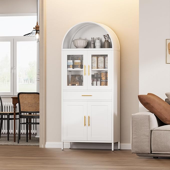 73''H Metal Farmhouse Arched Pantry Cabinet,White Tall Arched Cabinet for Kitchen Dinning Room, Assembly Required
