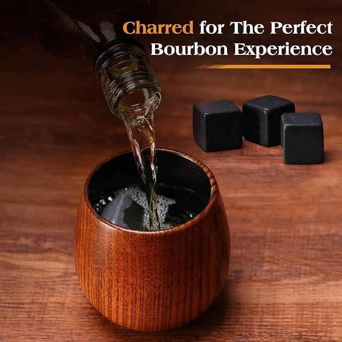 Charred Wooden Bourbon Glass, Include 3 Ice Whiskey Rocks, The Original Wood Bourbon Drinking Cup, Old Fashioned Whiskey Glasses Tumblers, Cool Gift for Men, Dad, Husband, Brother, Friends