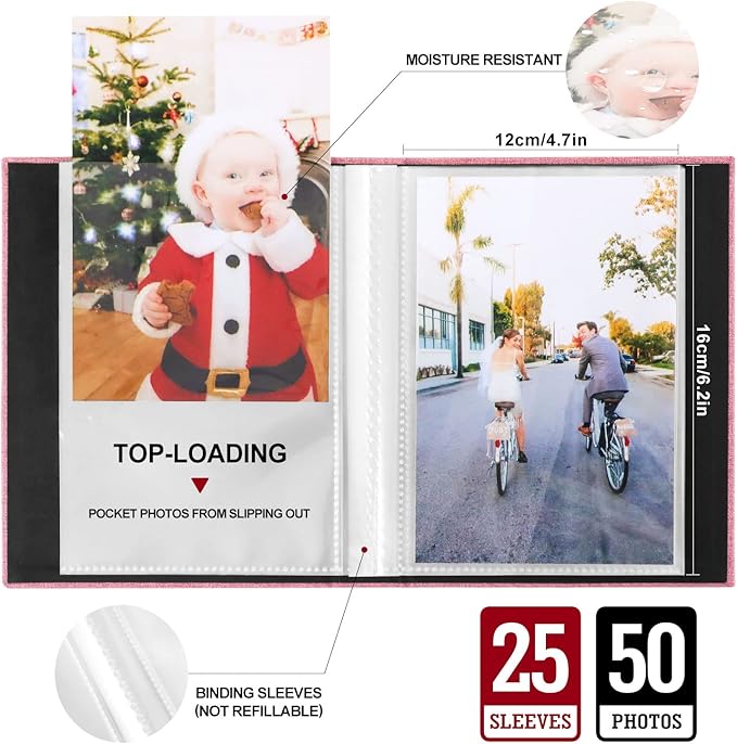 Ywlake Photo Album 4x6 50 Pockets 2 Packs, Small Mini Capacity Linen Photo Album Bulk Sets, Each Pack Holds 50 Top Loader Vertical Only Picture for Kids Boy Girls Pink
