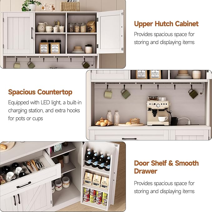 ONBRILL 71" Pantry Cabinet, Kitchen Pantry Storage Cabinet with LED Light & Outlet, Kitchen Hutch with Microwave Shelf & 6 Hooks, Door Shelves & Drawer & Adjustable Shelves, for Dining Room