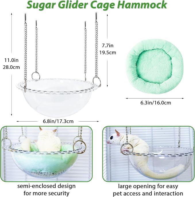 Sugar Glider Hammock for Cage, Transparent Bed for Clear Observation | All-Season Comfort with Removable Pad, Chew Proof Sleeping Pouch, Metal Chain Reinforced Sugar Glider Cage Accessories