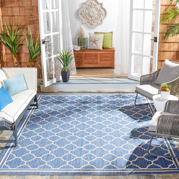 SAFAVIEH Courtyard Collection 8' x 10' Blue/Beige CY6918 Trellis Indoor/ Outdoor Patio Backyard Mudroom Area Rug