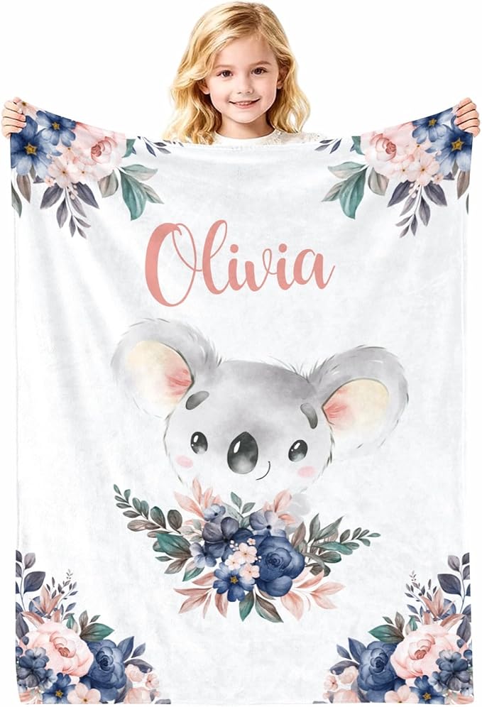 Personalized Baby Blankets for Girls with Name, Customized Koala Baby Girls Blanket with Name for Baby Newborn Gifts, 30"x40"