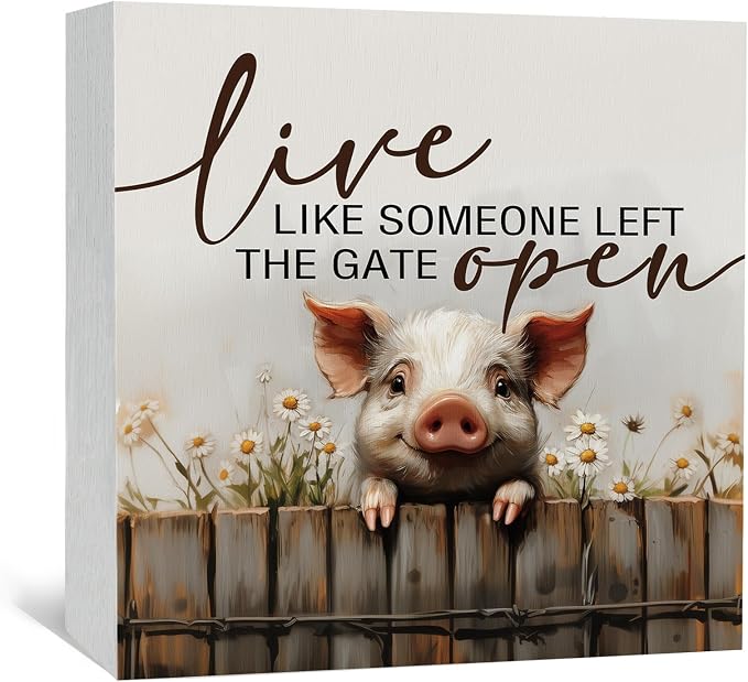 FarmHouse Pig Decor Signs, Live Like Someone Left The Gate Open Cottagecore Pig Wooden Signs,Rustic Farmhouse Wood Sign,Farm Animal Decor For Kids Bedroom Office Badroom Kitchen