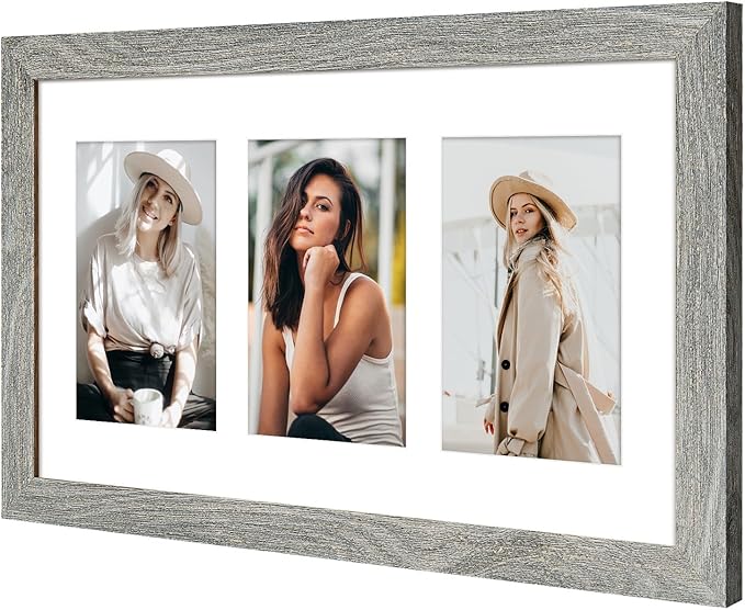 8x14 Collage frame with 3 Openings 4X6 Pictures, Multiple Picture Frame with Mat, Wall or Tabletop Decor, Grey Wood Grain (1 Pack)