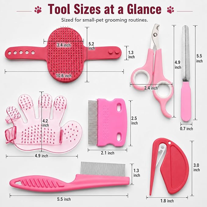 Rabbit Grooming Kit, 7-Piece Bunny Brush and Nail Care, Pink | 7 tools for loose fur, combing, light tangles and nail care; for rabbits, guinea pigs, hamsters and ferrets