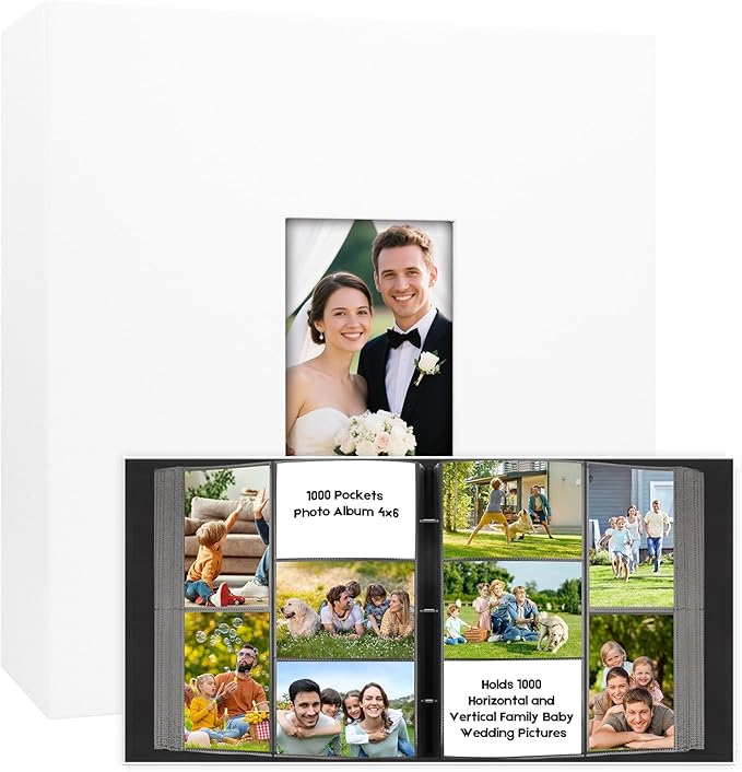 1000 Pocket Photo Album 4x6 Leather Cover, Extra Large Capacity Holds 1000 Horizontal and Vertical Photos, Acid Free Non Stick Pages with Front Window, Perfect for Wedding Family Baby Memories (White)