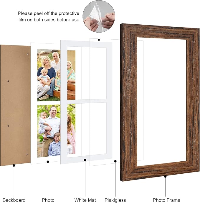 6x15 Picture Frame Display 2 opening 5X7 Double Picture Frame Collage,Multi Photo Frame with Mat,Plexiglass,Horizontal and Vertical Formats for Wall Décor,Carbonized Brown Wood Grain