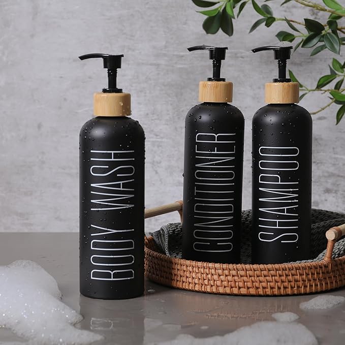 HOMCDALY 16oz 3-Pack Refillable Black Bathroom Shower Set - Empty Bottles with Pump for Shampoo, Conditioner, or Body Wash