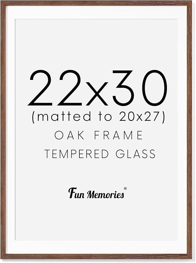 Fun Memories 22x30 Oak Wood Picture Frame, 22"x30" Poster Frame for Wall, 22x30 Picture Frame with Mat for 20x27, Solid Oak Wood Photo Frame 22 x 30 with Tempered Real Glass (Walnut Color, 1 Pack)
