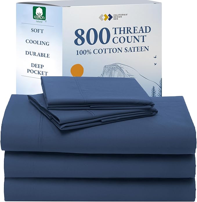 California Design Den Split King Sheets Sets for Adjustable Bed - Luxury Hotel 800 Thread Count Sateen, Natural 100% Cotton Bed Sheets, Deep Pockets & Durable Bedding Set - Navy Blue