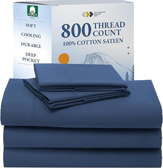 California Design Den Split King Sheets Sets for Adjustable Bed - Luxury Hotel 800 Thread Count Sateen, Natural 100% Cotton Bed Sheets, Deep Pockets & Durable Bedding Set - Navy Blue