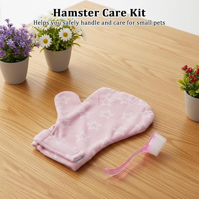 1Pcs Hamster Bite Proof Glove and Grooming Brush Set, Adjustable Hamster Glove, Lid Soft Cleansing Brush Massage Combs, Guinea Pig Brush, Hamster Care Set for Hamsters, Ferrets, Hedgehogs (Pink Stars)