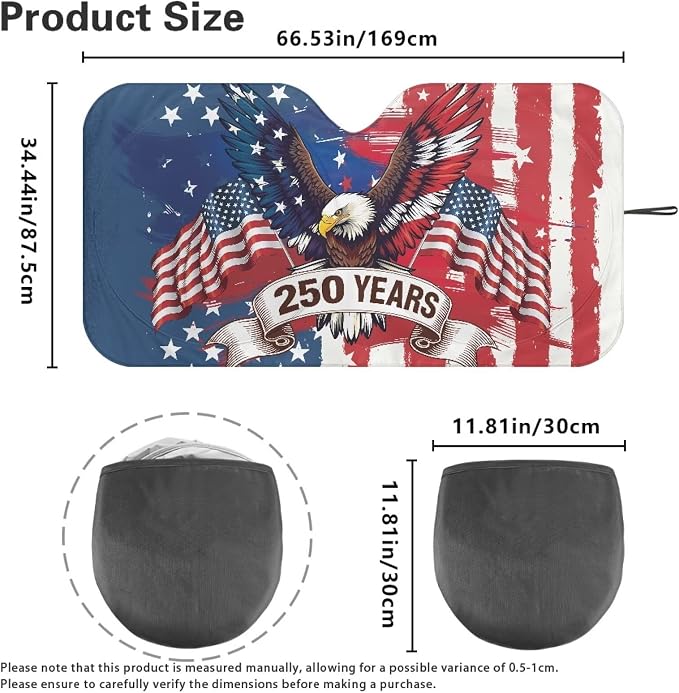 250 Years Windshield Sun Shade for Front Window American Flag Eagle Foldable Universal Auto Sun Shade UV Rays & Heat Protection Sun Visor Protector Accessories for Cars Truck SUV