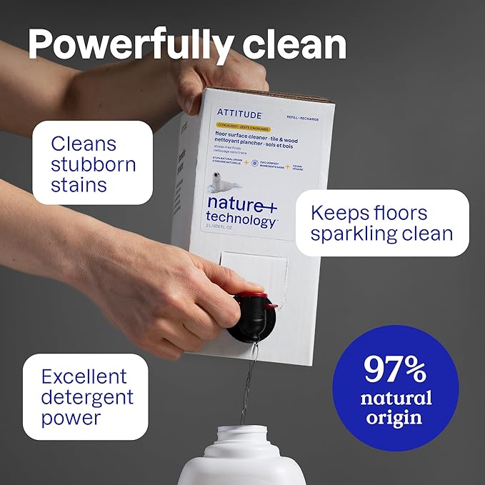 ATTITUDE Floor Cleaner Refill, EWG Verified, Streak-Free, Vegan & Plant-Based for Tile, Wood & Laminate Floors, Citrus Zest Scent, 67.6 Fl Oz