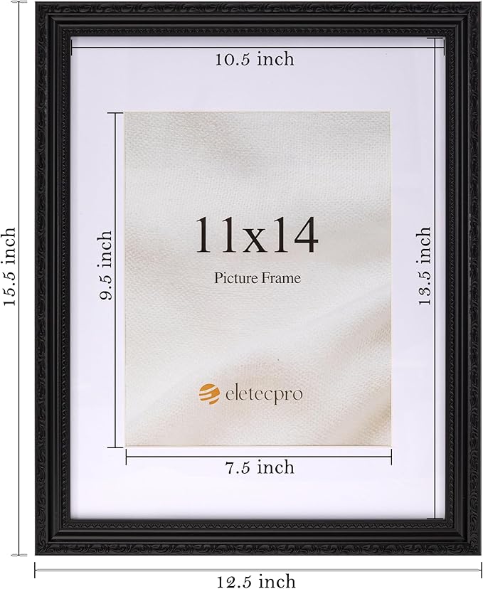 eletecpro 11x14 Picture Frames Set of 4, Vintage Photo Frame with Glass, Gothic Black Frames 11 x 14 Display 8x10 Photo with Mat or 11x14 without Mat for Tabletop or Wall Decor, Black