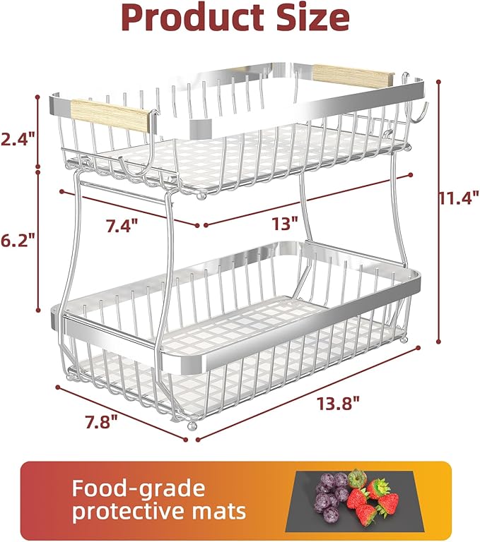 2 Tier Large Fruit Basket for Kitchen Counter with 2 Mobile Banana Hangers, 2026 Pro Detachable Metal Fruit Bowl with Wooden Handle (Silver, 2 Tier)