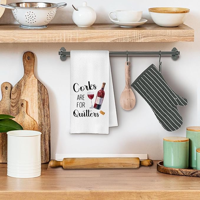 Funny Red Wine Kitchen Towels, Wine Lover Gifts Dish Tea Bar Towels for Kitchen Bar Cart Decor, Corks are for Quitters Decorative Hand Towels, 16x24 Inches