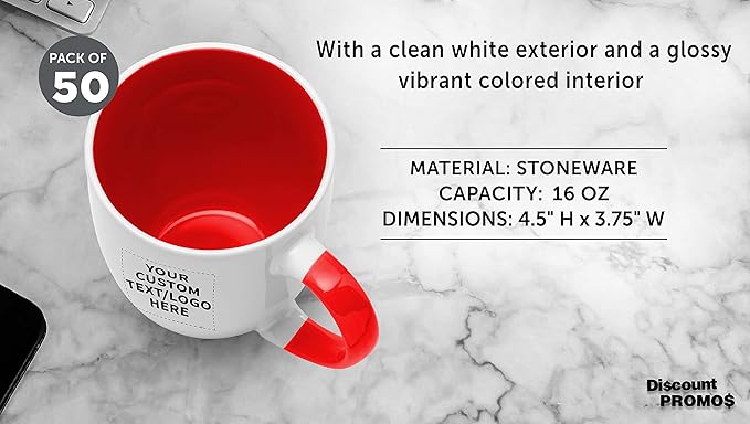 Custom Bistro Style Large Coffee Mugs 16 oz. Set of 50, Personalized Bulk Pack - Perfect for Coffee, Tea, Espresso, Hot Cocoa, Other Beverages - Red