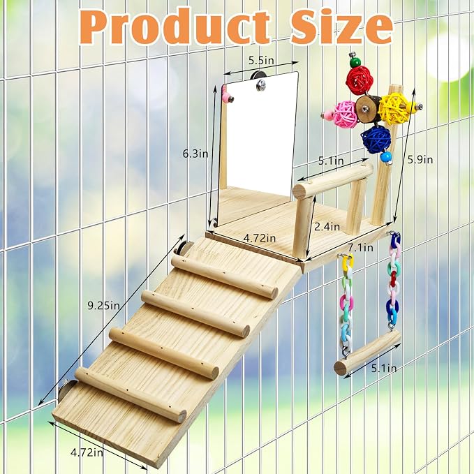 BNOSDM Bird Perch Platform with Mirror, Wooden Climbing Ladder for Parakeet, Small Bird Swing Toys with Rotating Balls Parrot Cage Accessories Budgie Playground for Cockatiel, Lovebirds, Conures