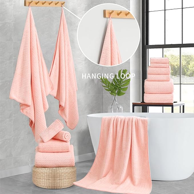 Ultra Soft Bath Towel Set,12 Piece (4 Bath Towels,4 Hand Towels,4 Washcloths) Family Bathroom Towel Set with Hanging Loops,Quick Dry Extra Absorbent Fluffy Shower Towel for Bathroom,Hotel,Spa-Pink