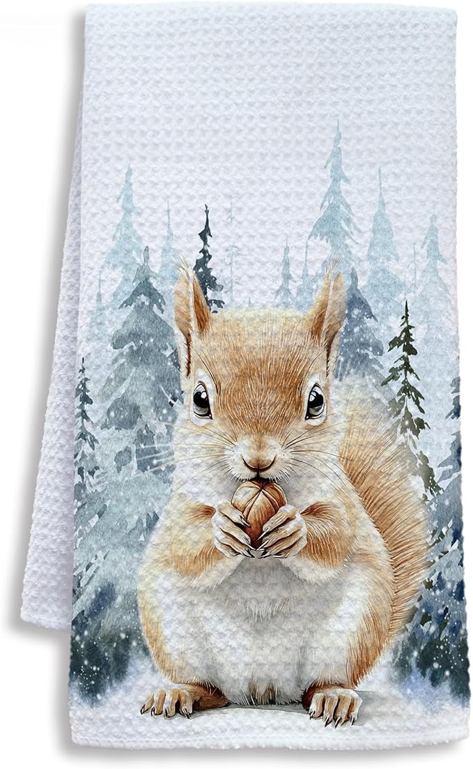 Winter Christmas Squirrel Kitchen Towels, Gifts for Squirrel Lovers Dish Tea Towels for Kitchen, Winter Pine Tree Forest Decorative Hand Towel for Kids Bathroom Decor, 16x24 Inch