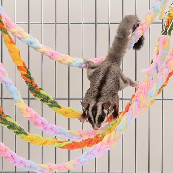 4 Pack Hanging Small Animal Toys, 60cm | Handmade Rope, Climbing and Chewing Enrichment, Mixed Colors, for Pet Rat, Hamster, Sugar Glider, Flying Squirrel Cage