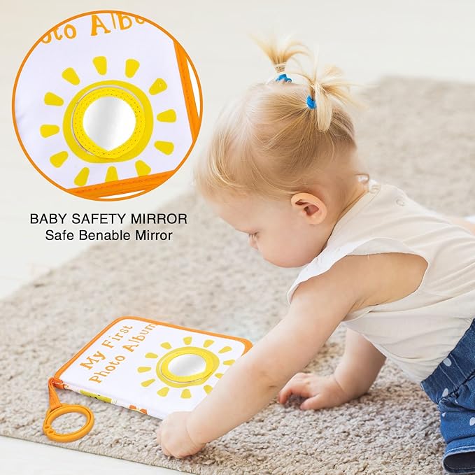 Sun Baby' s My First Family Album Cute Cartoon Sun Photo Album Holds 4x6" Pictures Soft Photo Cloth Book with Safety Mirror for Newborn Baby Shower Toddler Kid