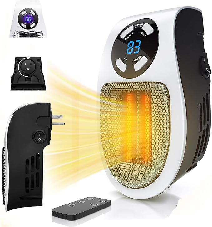 450W Mini Space Heater With Temperature Detection, Remote Wall Outlet Electric Space Heater as Seen on TV with Adjustable Thermostat and Timer and Led Display, Compact for Office Room RV (Smart-White)