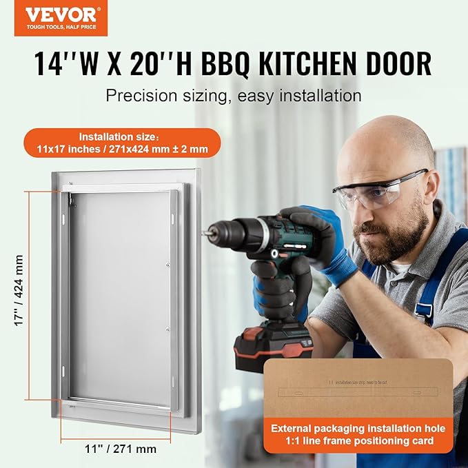 VEVOR Outdoor BBQ Kitchen Door - 14W x 20H Inch Stainless Steel Flush Mount Vertical Wall Door with Handle for Island, Grilling Station