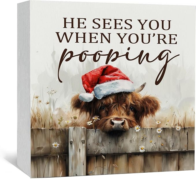Christmas Highland Cow Bathroom Decor Sign - Farmhouse Western Christmas Animal Bathroom Decor,Rustic Farm Animal He Sees You When You're Pooping Signs,Highland Cow Gifts for Women