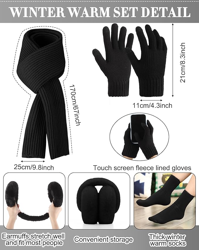 Geyoga 6 Pcs Winter Warm Fleece Knit Hat Long Scarf Touchscreen Gloves Ear Muffs Socks Sets, Winter Warm Gifts for Women