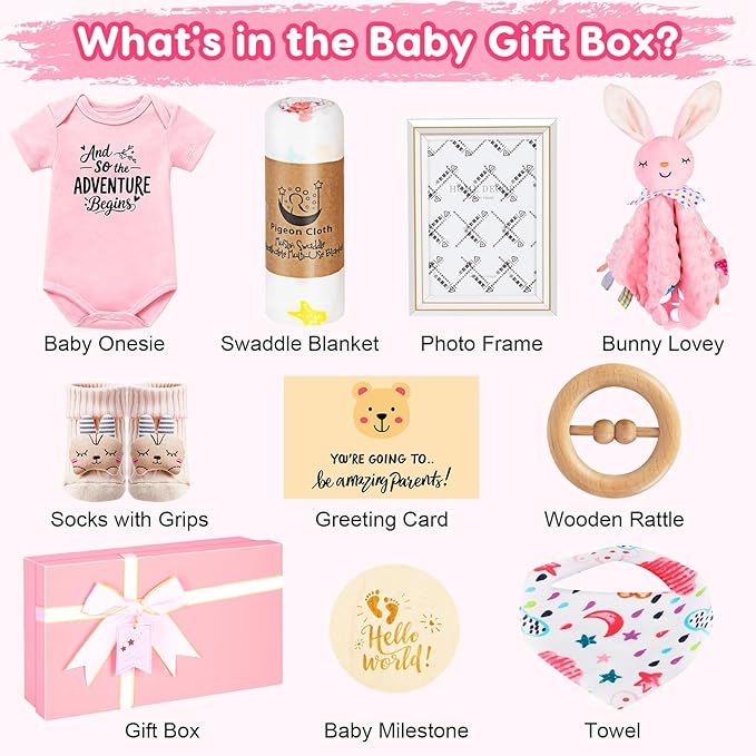 Baby Gift Basket for Newborn Girls & Boys, Baby Shower Gift Set for Girl, Newborn Baby Girl Essentials, Welcome Home, Gender Reveal Gifts for New Parents, Pink Gift Box