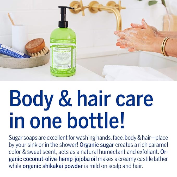Dr. Bronner's - Organic Sugar Soap (Lemongrass, 64 Ounce) - Made with Organic Oils, Sugar and Shikakai Powder, 4-in-1 Use: Hands, Body, Face and Hair