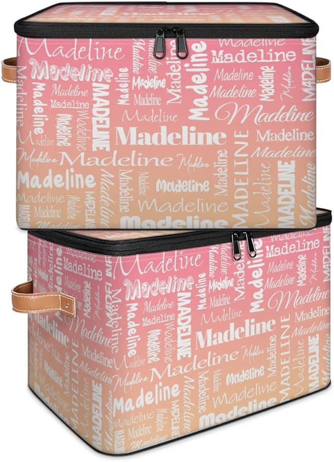 Custom Storage Basket with Name, Personalized Keepsake Box with Zipper Lid, Foldable Fabric Memory Bin Large capacity with Handle Pink Apricot