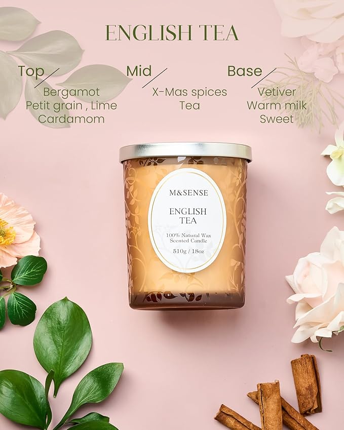 M&SENSE Earl Grey Tea Scented Candle, Cracking Wooden Wick Soy Wax, 18oz 100 Hours Long Lasting Clean Burn, Large Jar Candles for Home Decor, Non-Toxic Relaxing Winter Aromatherapy Gifts for Women