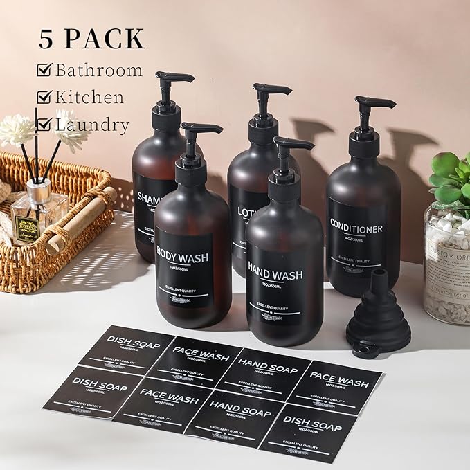 Shampoo Bottles Refillable with Pump (5Pack Matte Amber) Plastic 16.9oz Amber Reusable Shampoo and Conditioner Bottles,Bathroom Bottles with Pump and Labels
