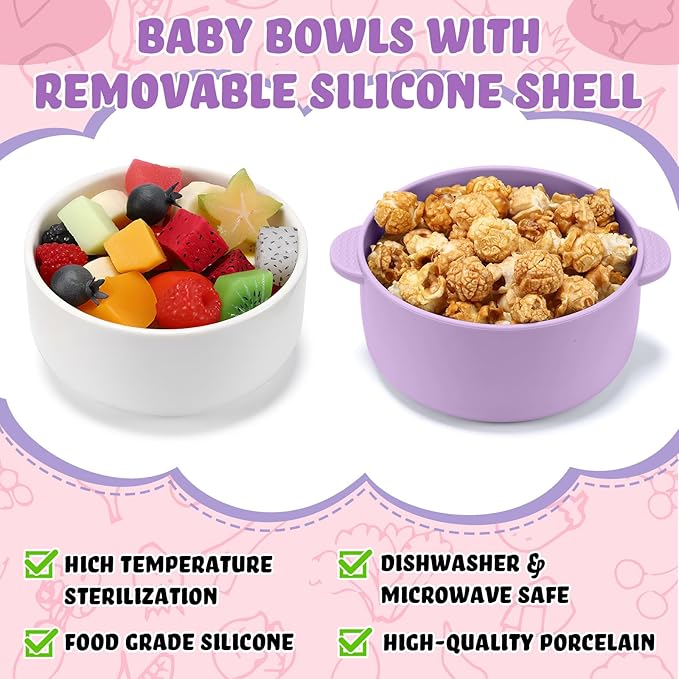 Domensi 4 Sets Kids Porcelain Bowls with Removable Silicone Sleeve 2-in-1 Porcelain Toddler Bowls Microwave Dishwasher Safe Cereal Snack Soup Dishes for Baby Children Feeding Supplies (Macaron Colors)