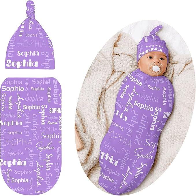 Newborn Swaddle Blankets Hat Name Lettering Purple Sets Soft Baby Receiving Blanket Swaddle Sack for Baby Shower Infant Boy Girl Gift