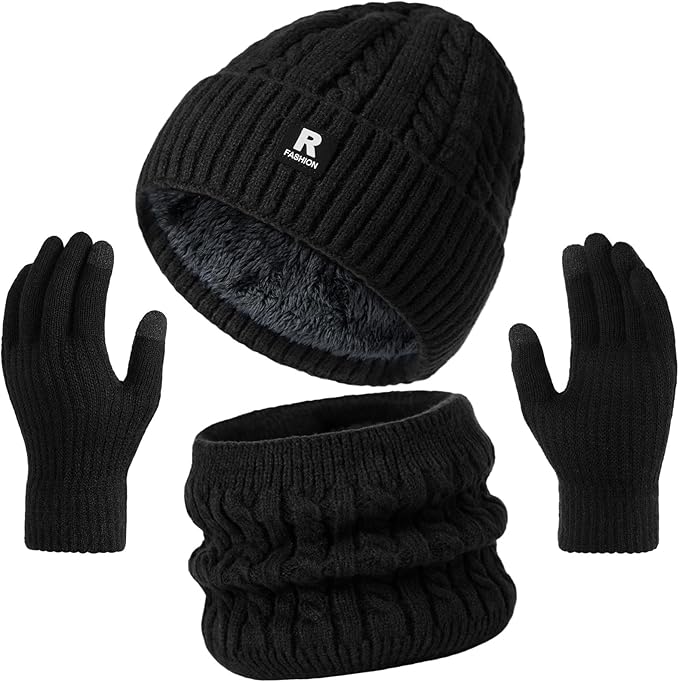Winter Beanie Hat Scarf Gloves Set for Men Women, Slouchy Mens Winter Clothes Hats Neck Warmer Touchscreen Gloves