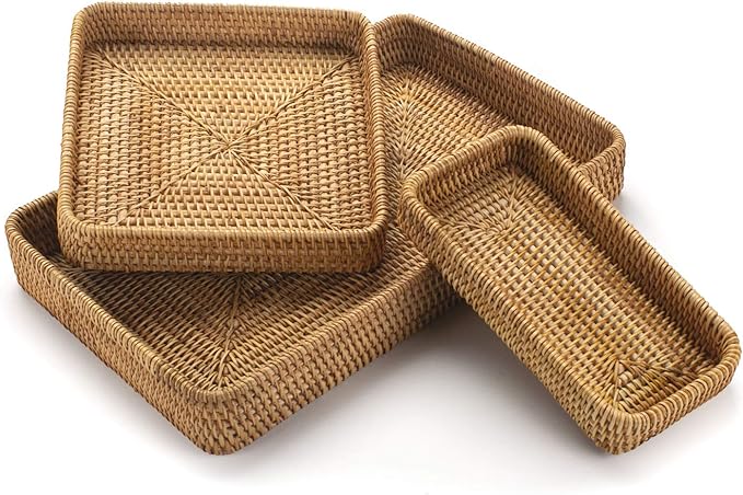 Rattan Serving Tray, Rectangular Woven Tray, Natural Wicker Decorative Serving Baskets for Organizing Tabletop Bathroom Kitchen Counter (Natural)
