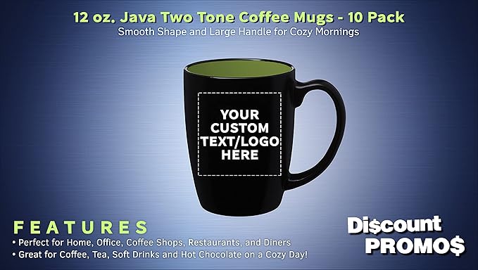 DISCOUNT PROMOS 10 Java Two Tone Coffee Mugs Set, 12 oz. - Customizable Text, Logo - Stoneware, Durable, Easy Grip - BLACKLIME