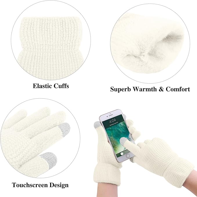 Aneco Womens Winter Warm Sets Knitted Fur Pompoms Beanie Hat Circle Loop Scarf Touch Screen Gloves Winter Favor Accessories
