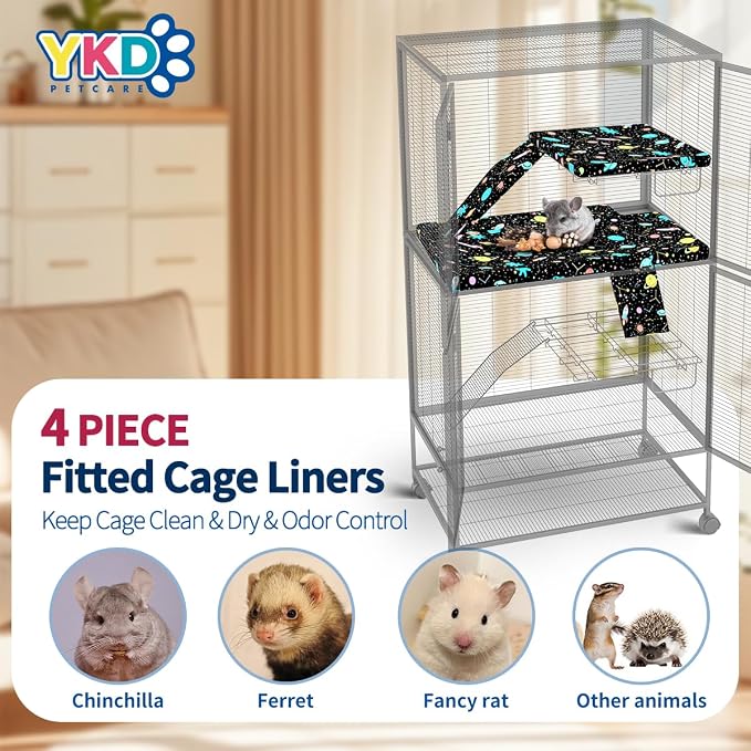 YKD Ferret Cage Liners for Ferret Nation & Critter Nation Cages | Waterproof Chinchilla Cage Accessories, Washable Bedding, for Ferrets, Chinchillas, Rats (Black, Top Pan Set)