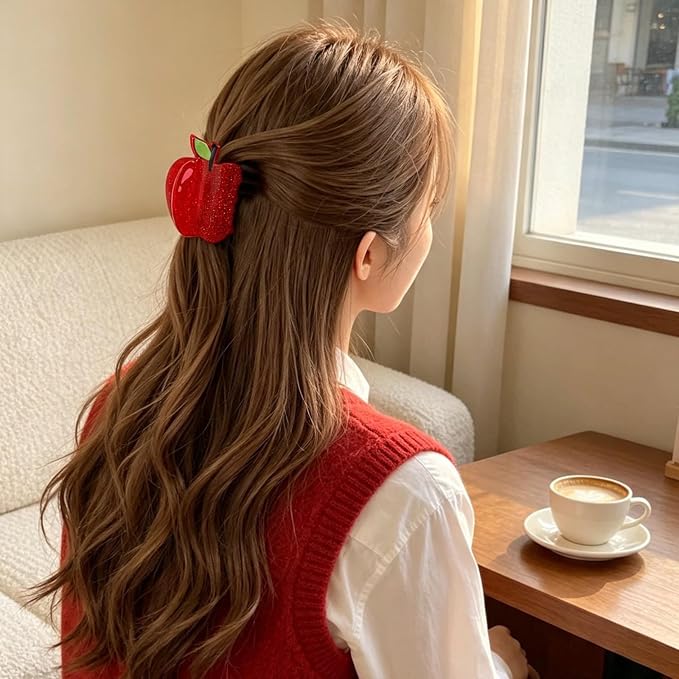 Red Apple Hair Claw Clips for Women Fruit Hair Clips Sweet Summer Jaw Clips | Cute Glitter Apple Jaw Clip Strong Hold Hair Barrettes Funny Christmas Eve Hair Clamp Daily Holiday Party Hairstyle Accessory