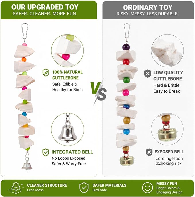 2 Pack Bird Toys with Cuttlebone & Beak Grinding Stone–Cage Accessories for Parakeets, Budgies, Cockatiels, Lovebirds, Green Cheeks & Small to Medium Birds