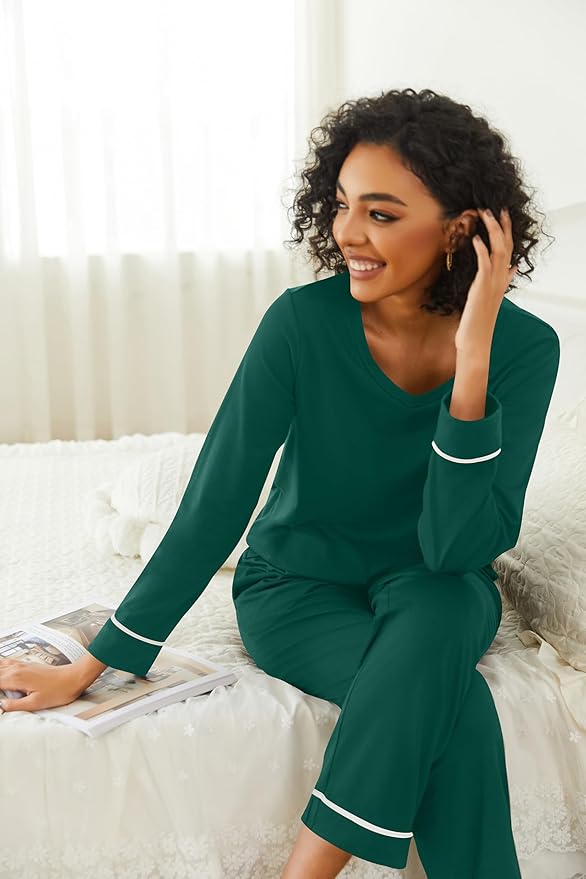 Ekouaer Womens 2 Pack Pajama Set Long Sleeve Pajamas Top and Pants V Neck Pjs Set Soft Loungewear with Pockets