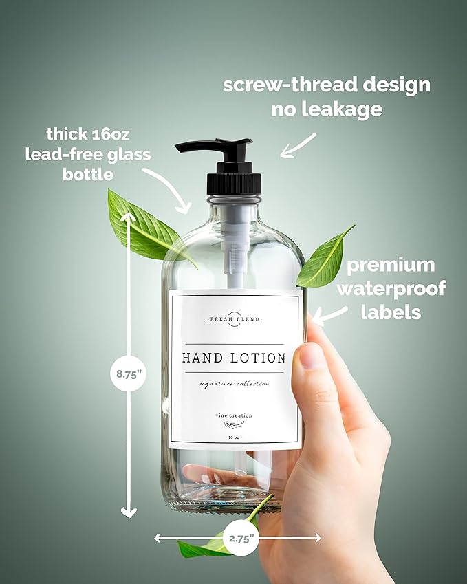 Vine Creations Clear Glass Soap Dispenser, 2 Pack Kitchen Soap Dispenser Set with Rustproof Pump, 16 oz Dish Soap and Hand Soap Dispensers for Bathroom with Waterproof Labels