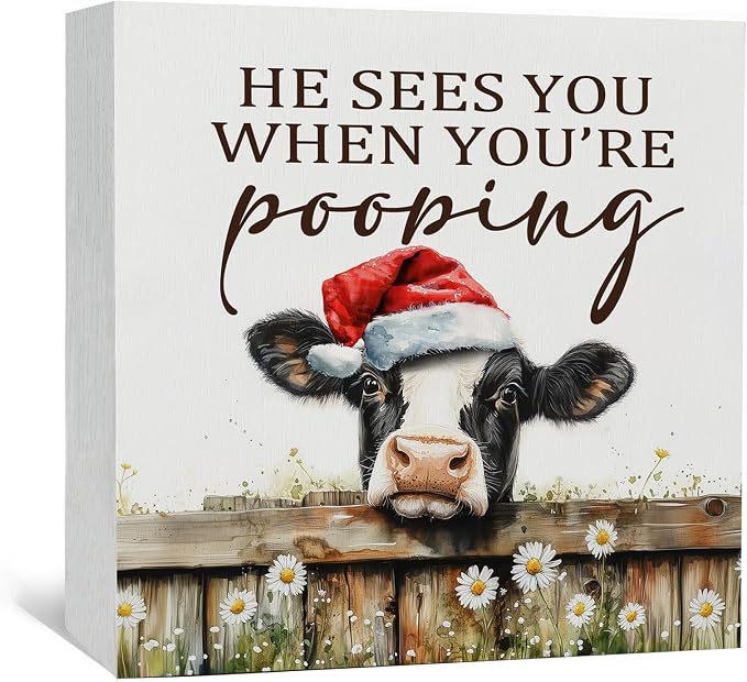 Christmas cows Home Bathroom Decor Sign - Farmhouse Western Christmas Animal Bathroom Decor,Rustic Farm Animal He Sees You When You're Pooping Signs,cows Gifts for Women