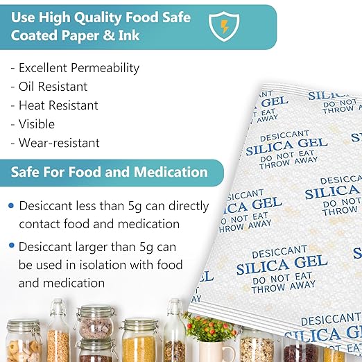 5 Gram (150 Pack) Color-Indicating Silica Gel Packets, Premium Food Grade Desiccant - Rechargeable Moisture Absorbers for Food Storage, Electronics, 3D Filament & Safes